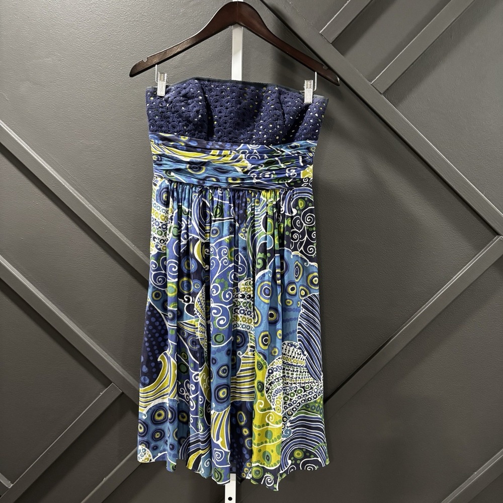 Anne Klein New York Strapless Eyelet Print Fit Flare Dress Size 8 Blue Green